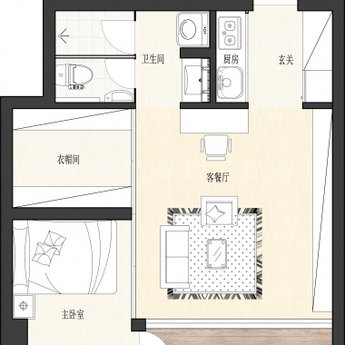 上海万科mixtown68平米一居室现代简约风格32.3万全包装修案例效果图7518.jpg